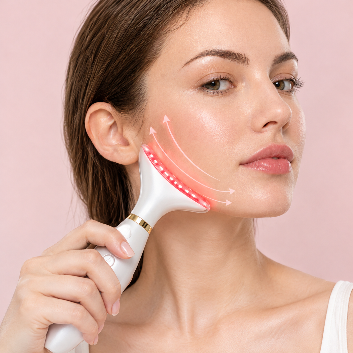 VeraGlow Facial Massager: the device and a woman using it