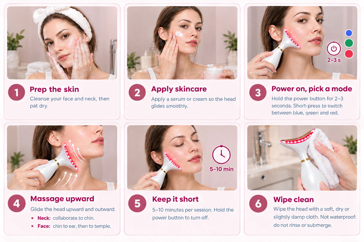 How to use VeraGlow in 6 steps: 1 Prep the skin, 2 Apply skincare, 3 Power on and pick a mode, 4 Massage upward, 5 Keep it short (5-10 minutes), 6 Wipe clean.