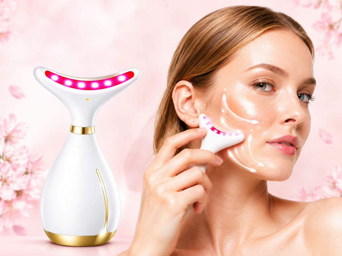 VeraGlow Facial Massager: the device and a woman using it